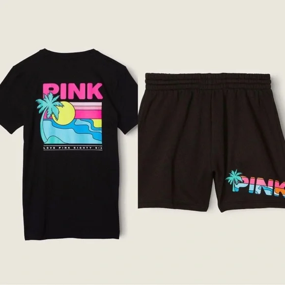 VS Pink SET Black Tropical Campus Tee & Black Tropical Shine 3.5 Campus Shorts